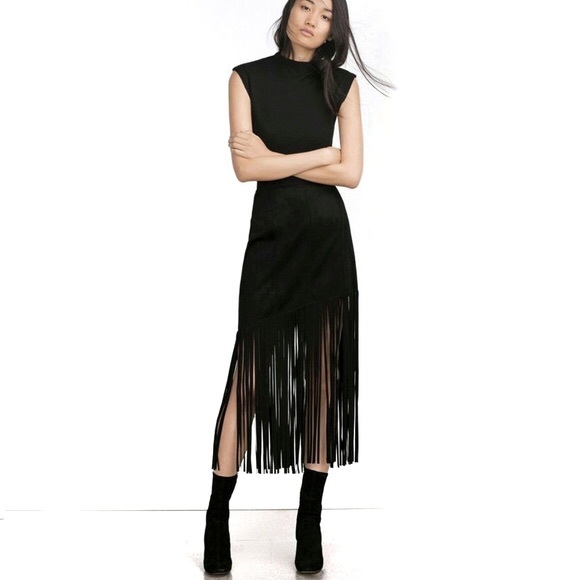 Zara Dresses & Skirts - Zara Black Faux Suede Long Fringe Tassel Skirt
